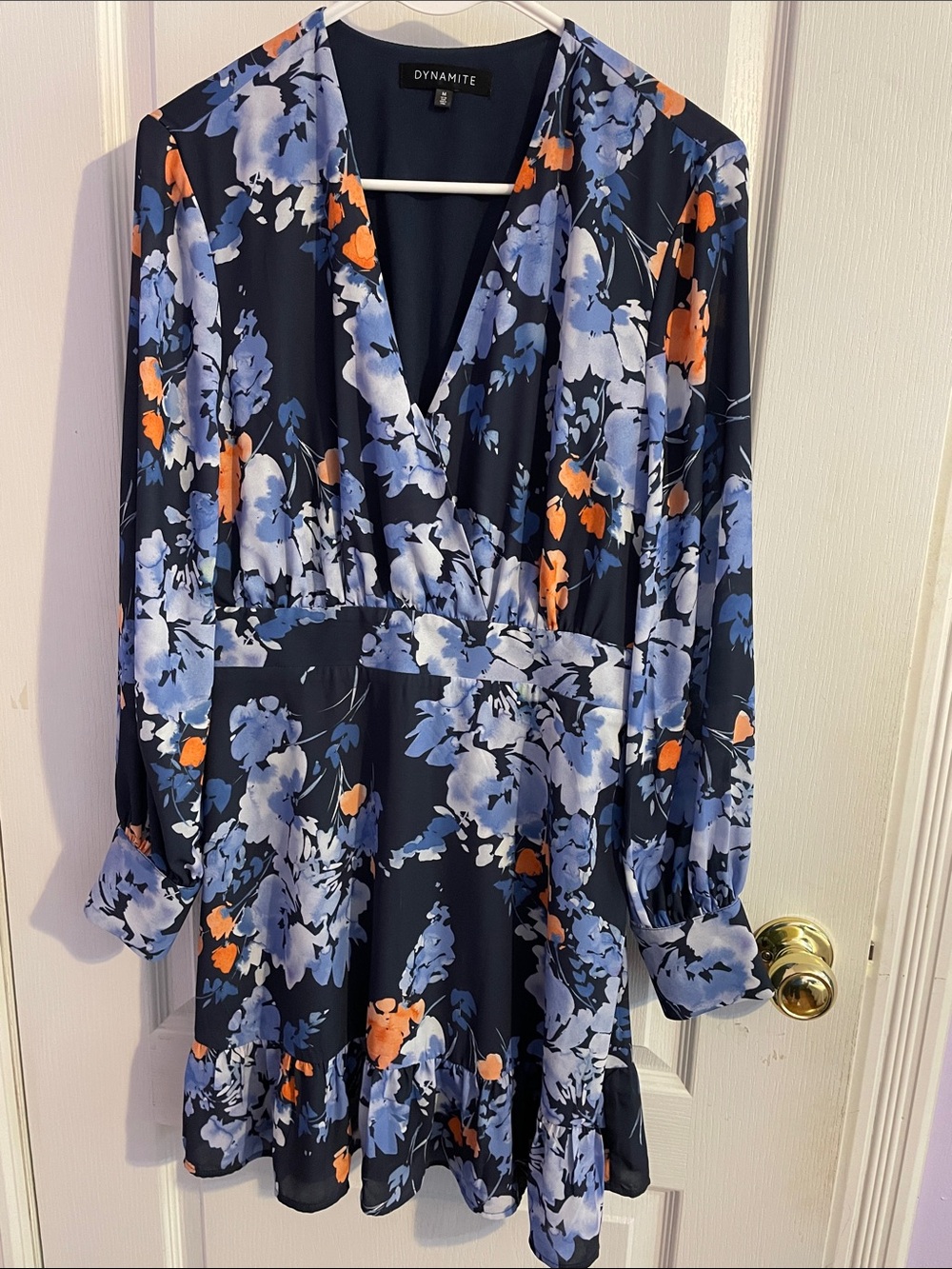 Dynamite Navy Floral V-Neck Long Sleeve Dress with Blue and Orange Print